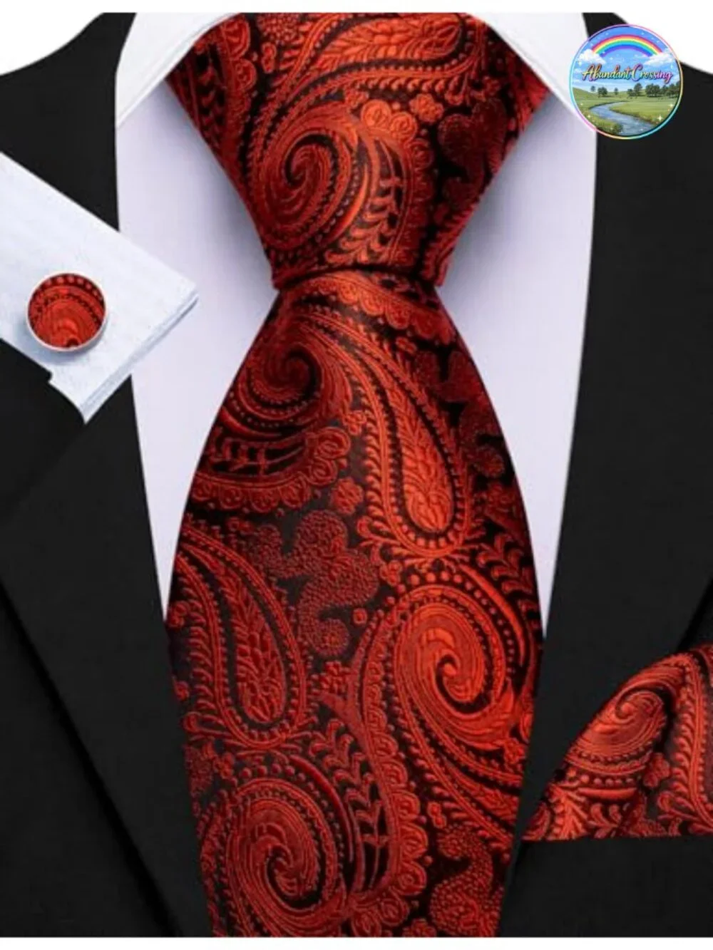 Silk Textured Woven Tie Set with Hanky & Cufflinks - 6 Piece Business Wedding